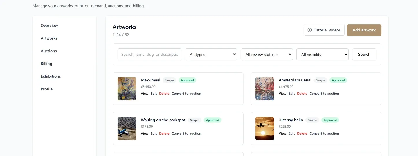BooART artist dashboard artwork management with filters for type, review status and visibility