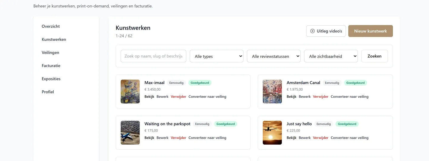 BooART kunstenaarsdashboard voor kunstwerkbeheer met filters op type, controlestatus en zichtbaarheid