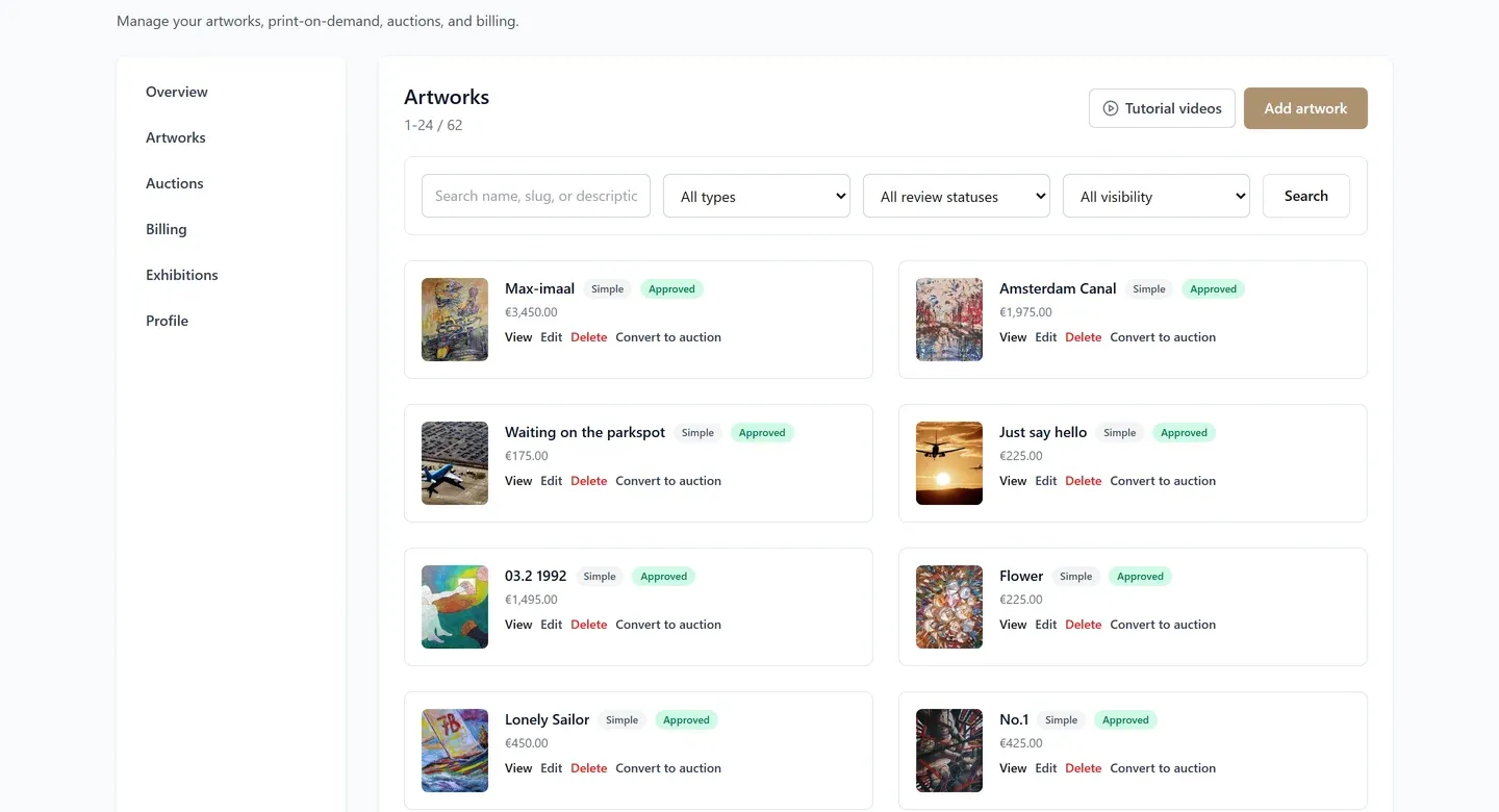 BooART artist dashboard listing artworks with type, review status and price, alongside search and filter controls