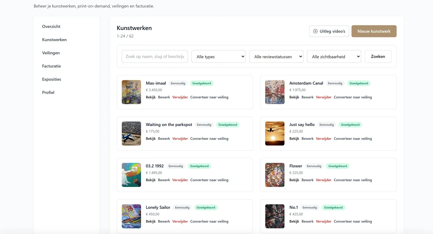 BooART kunstenaarsdashboard met kunstwerken, type, controlestatus en prijs, naast zoek- en filteropties