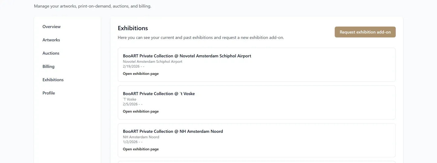 BooART artist dashboard exhibitions list showing venues and running dates
