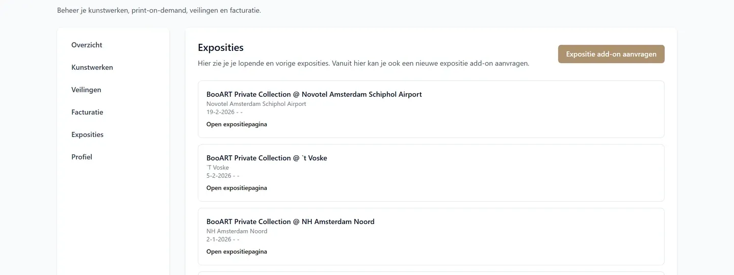 BooART kunstenaarsdashboard met exposities, locaties en looptijden