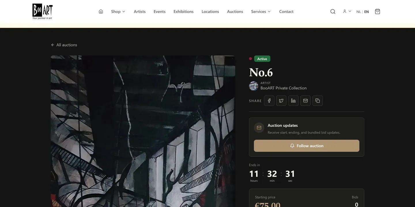 BooART auction detail with artwork, countdown, price and bidding controls