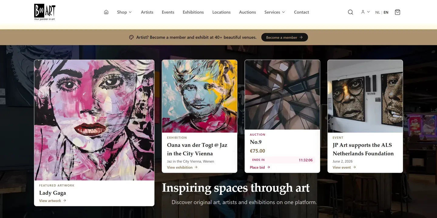 BooART homepage combining featured art, an exhibition, an auction and an event