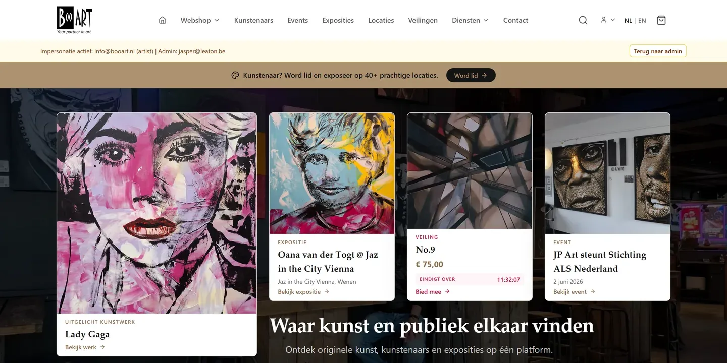 BooART-homepage met uitgelichte kunst, een expositie, een veiling en een event